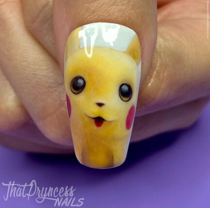 image of a coffin medium nail with a realistic pikachu painted on it